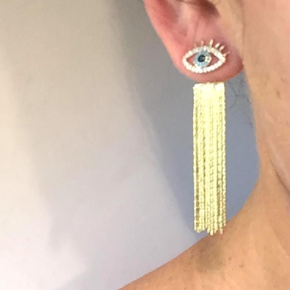 Evil Eye studs w/ gold tassel back earrings - Picture 7 of 8